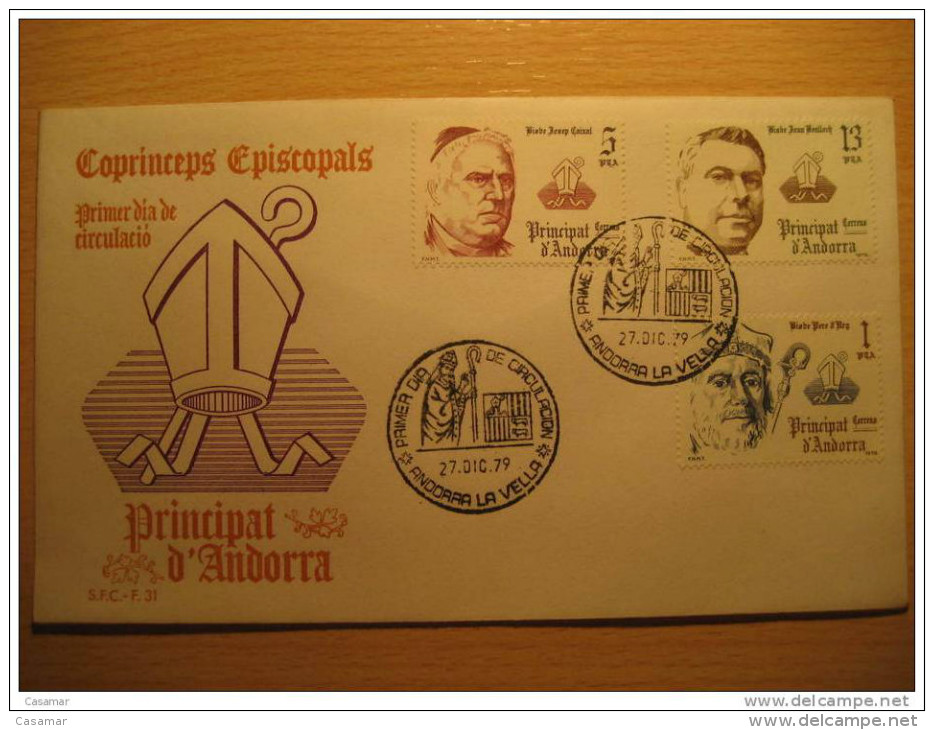 ANDORRA LA VELLA 1979 Coprincipes Episcopales Obispos Caixal Benlloch Pere D´Arg Papa Pope SPD FDC Sobre Cover Andorre - Covers & Documents