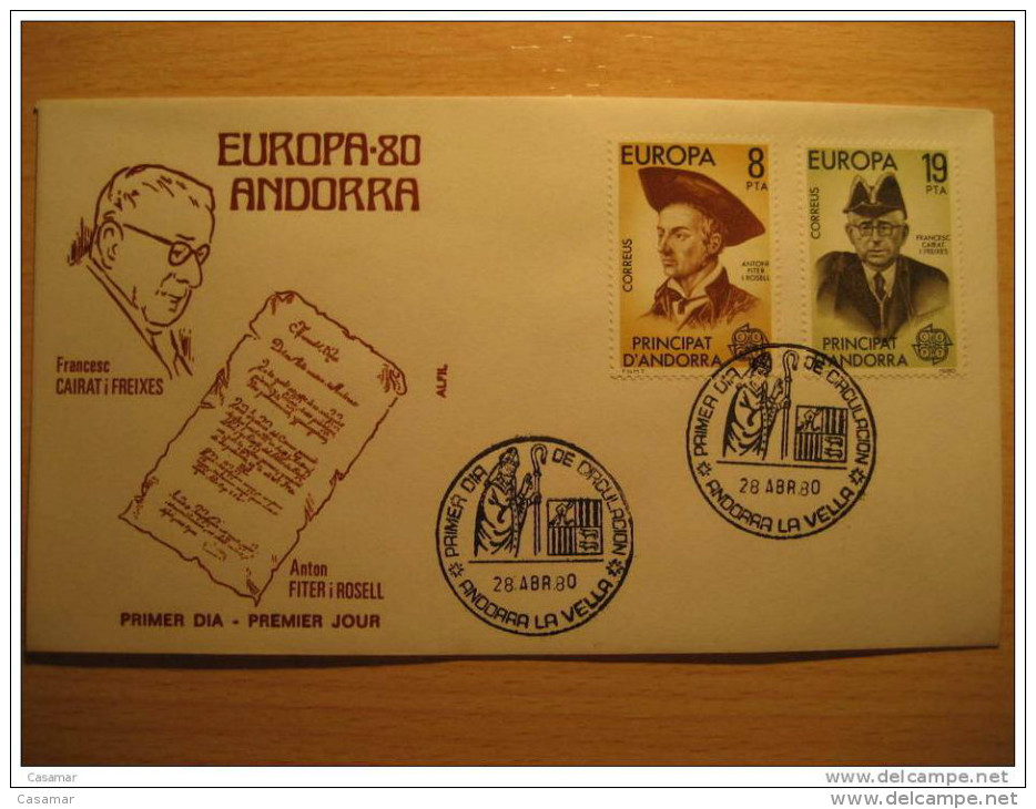 ANDORRA LA VELLA 1980 Europa Europeismo Fiter I Rosell Cairat I Freixes SPD FDC Sobre Cover Andorre - Brieven En Documenten