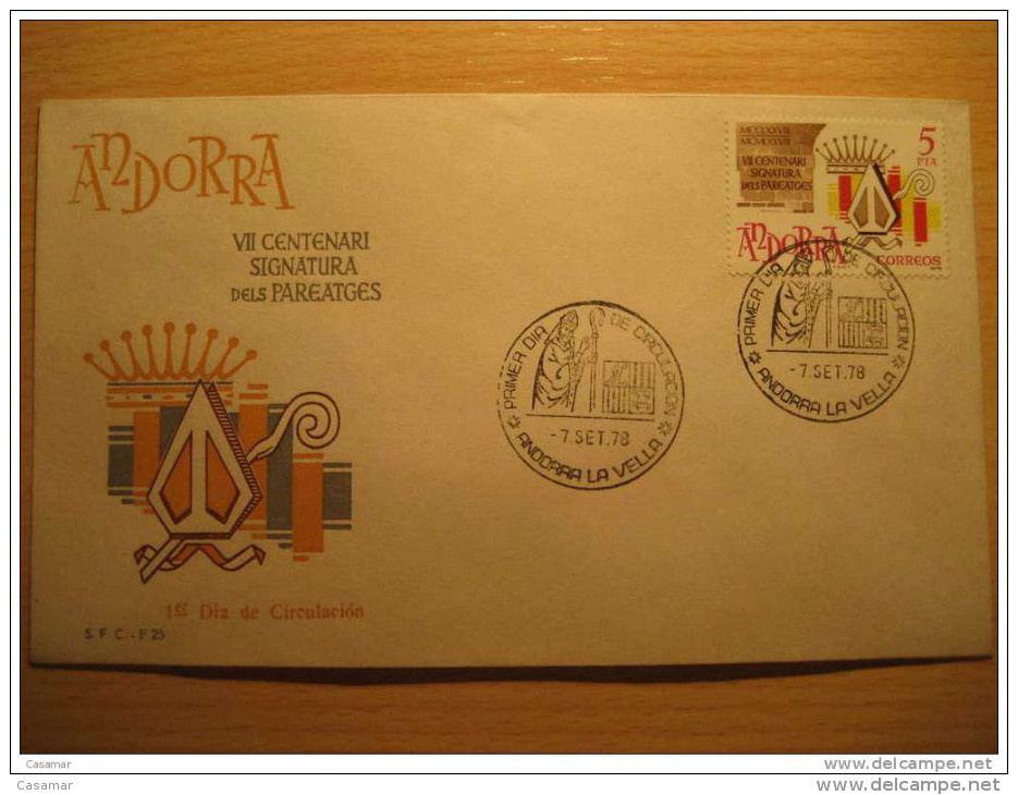 ANDORRA LA VELLA 1978 VII Centenari Signatura Dels Pareatges SPD FDC Sobre Cover Andorre - Lettres & Documents