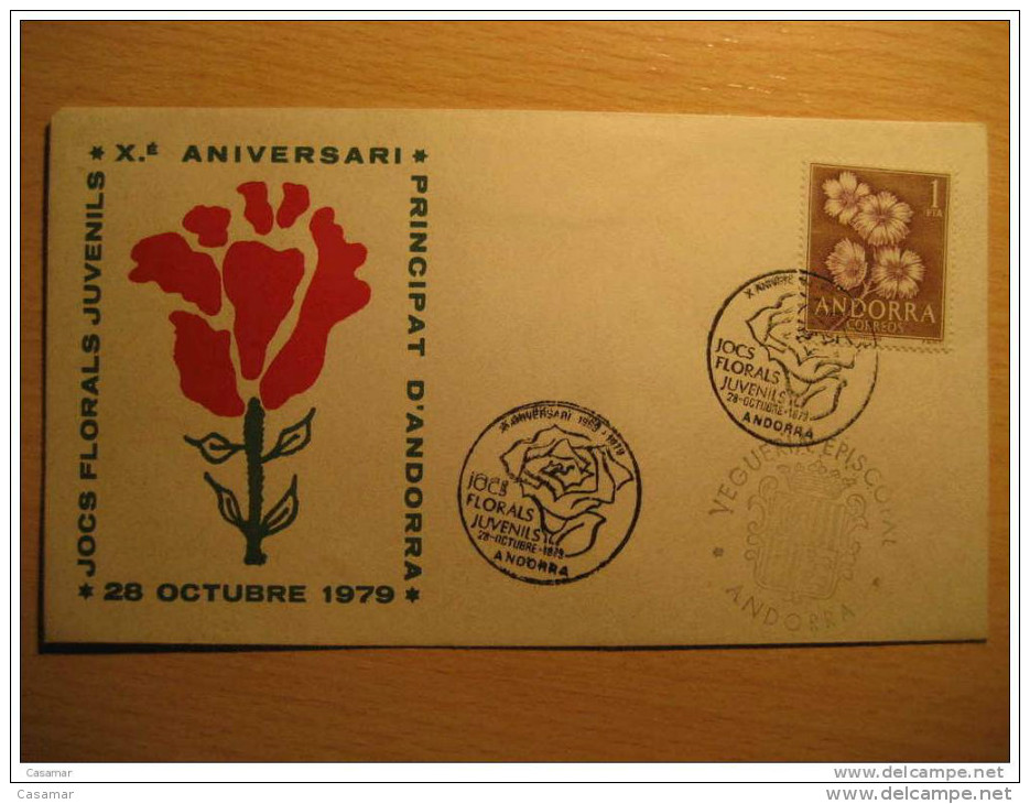 ANDORRA 1979 Jocs Florals Juvenils Literature Rosa Rose Flora Vegueria Episcopal Cancel ANDORRE - Lettres & Documents