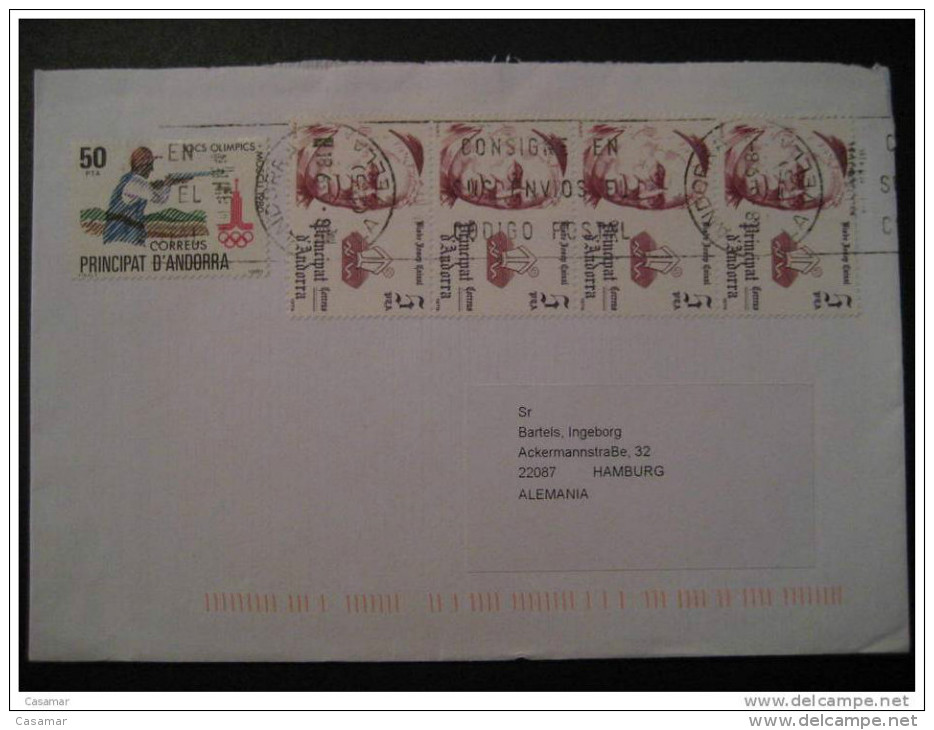 ANDORRA LA VELLA 1998 A Hamburg Alemania Germany 5 Sellos Tiro Shoot Olimpiada Moscu 80 Olympic Sobre Cover Andorre - Lettres & Documents