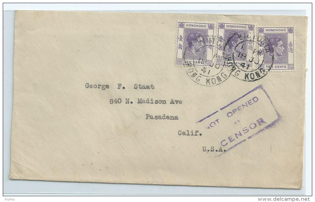 Hong Kong 1941 Cover To US NOT OPENED BY CENSOR (SN 2434) - Briefe U. Dokumente