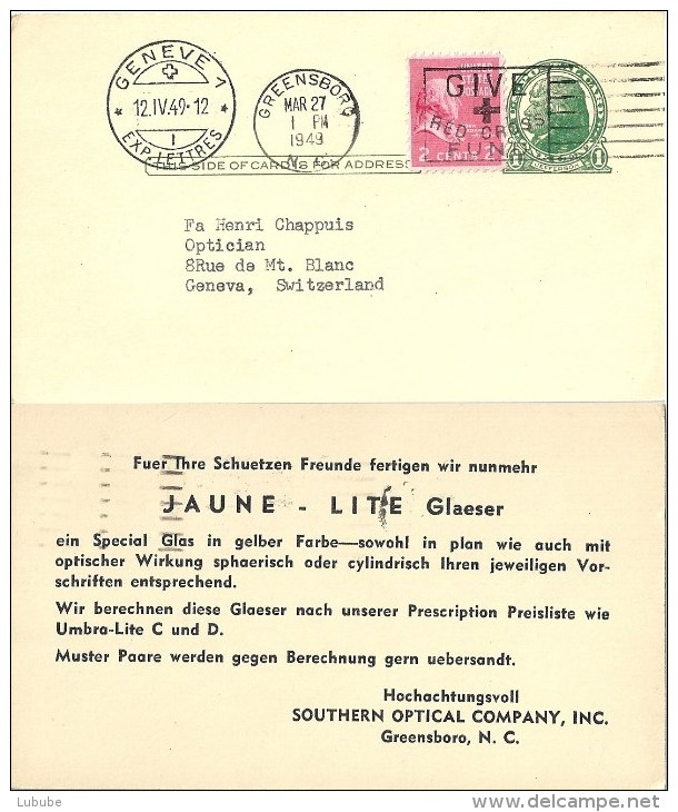 PK  "Southern Optical Company, Greensboro NC" - Genève               1949 - Covers & Documents