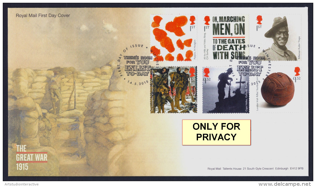 2015 ROYAL MAIL "CENTENARY OF WORLD WAR I" FDC (WINCHESTER) - 2011-2020 Decimale Uitgaven