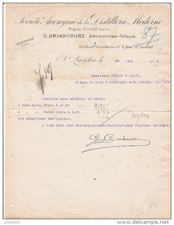 Lettre 29/5/1914 G DRIANCOURT SA De La Distillerie Moderne ST QUENTIN AIsne - Cidre - 1900 – 1949