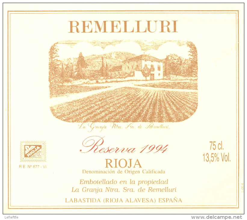 Lot 12 étiquettes vins Cave REMELLURI Rioja Espagne - dont 1 pour bouteille Impériale de 600 ml.