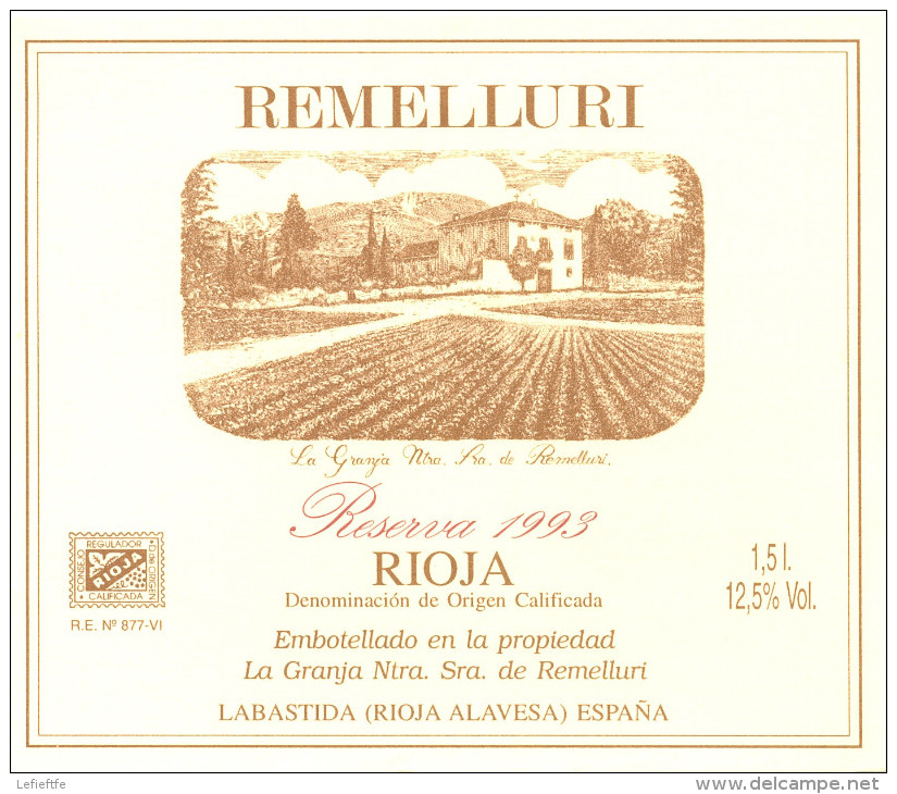 Lot 12 étiquettes vins Cave REMELLURI Rioja Espagne - dont 1 pour bouteille Impériale de 600 ml.