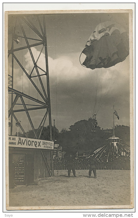 2 Cartes Photo Pub Parachutes Aviorex Dreyfus Freres  Fete Foraine Manege Judaica - Fallschirmspringen