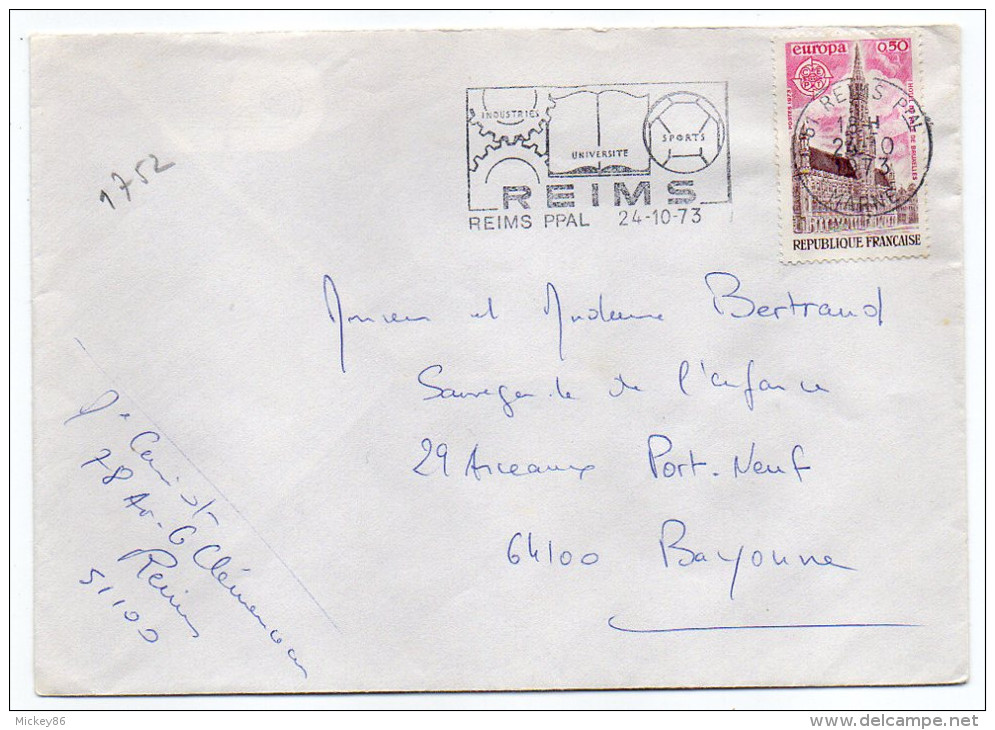 1973--tp N° 1752  EUROPA (hotel De Ville Bruxelles) Seul Sur Lettre--cachet Flamme REIMS -51--football - 1961-....