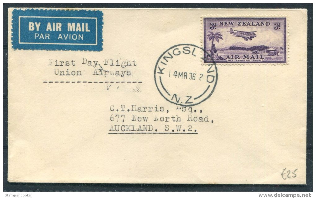 1936 New Zealand Union Airways First Flight Cover Kingsland - Dunedin - Luchtpost