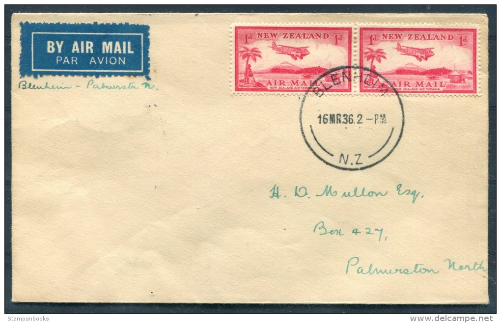 1936 New Zealand First Flight Cover Blenheim - Palmerston - Posta Aerea