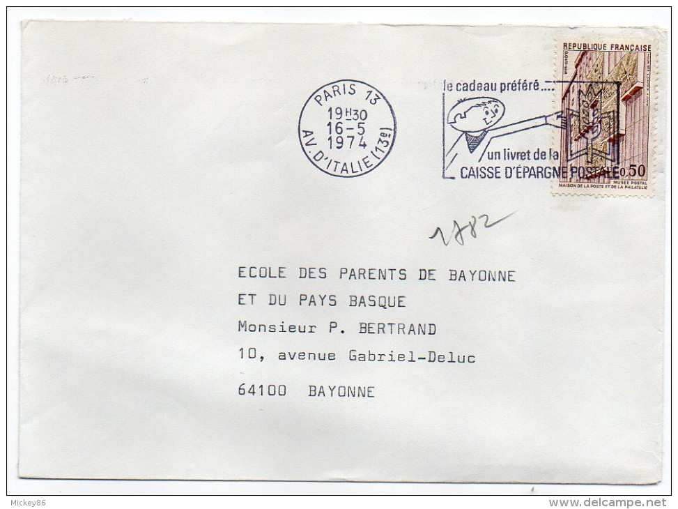 1973--tp N°1782 --Musée Postal   Seul Sur Lettre -cachet Flamme PARIS 13--Caisse D'épargne Poste - 1961-....