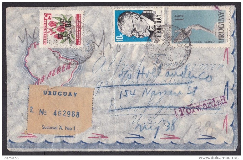 Uruguay: Registered Airmail Cover To USA, 1961, 3 Stamps, Statue, Flower, Overprint, R-label (serious Damage!) - Uruguay