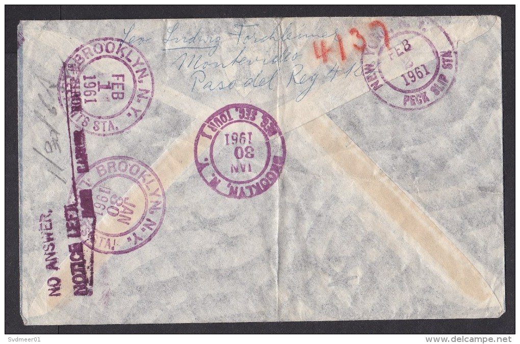 Uruguay: Registered Airmail Cover To USA, 1961, 3 Stamps, Statue, Flower, Overprint, R-label (serious Damage!) - Uruguay