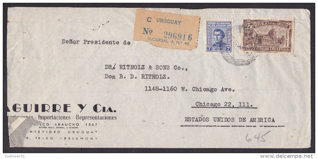 Uruguay: Registered Airmail Cover To USA, 1950, 2 Stamps, Cheap Perforation, R-label (serious Damage!) - Uruguay