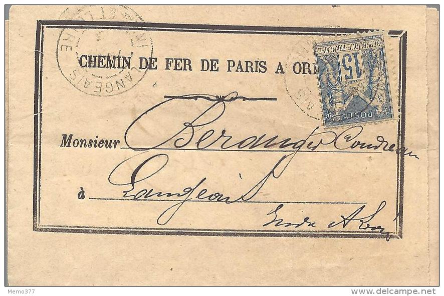 FRANCE --- LAC  Chemin De Fer De Paris à Orléans 15 C. Bleu Type SAGE -- Càd LANGEAIS 12 Déc.1895 - 1876-1898 Sage (Tipo II)