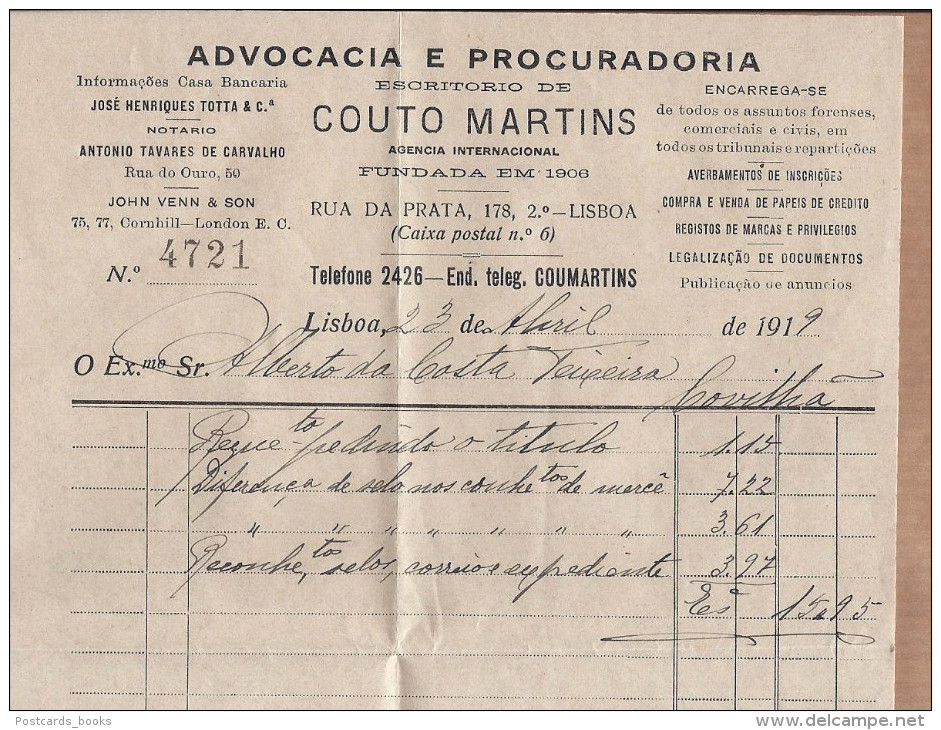 Carta Papel Timbrado Escriptorio De COUTO MARTINS Advocacia E Procurador - Rua Da Prata 178 LISBOA PORTUGAL 1919 - Portugal