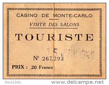 VP2941 - Ticket - Touriste -  Visite Des Salons Du Casino De MONTE CARLO - Tickets D'entrée