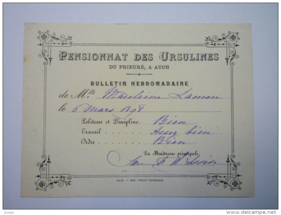 PENSIONNAT  Des  URSULINES  Du Prieuré à  AUCH  (Gers)  :  BULLETIN  HEBDOMADAIRE   1898    - Diplômes & Bulletins Scolaires