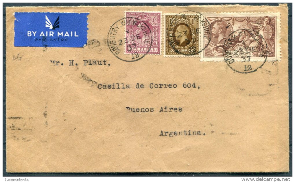 1937 GB KG5 Seahorse Coventry Airmail Cover - Argentina - Covers & Documents