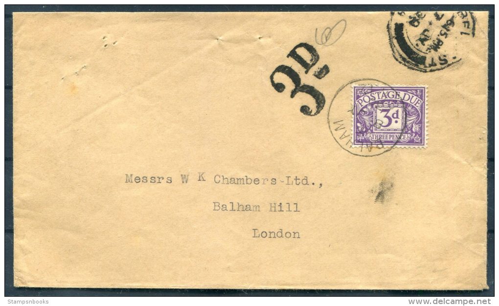 1930 GB 3d Postage Due Balham, London Cover - Tasse