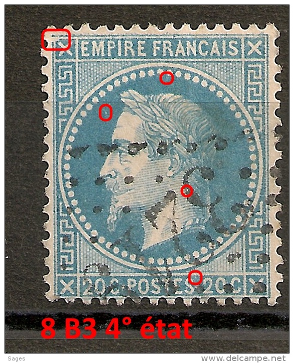 8 B3, 4° état, 20C NAPOLEON LAURE, Planché ! - 1863-1870 Napoléon III Lauré