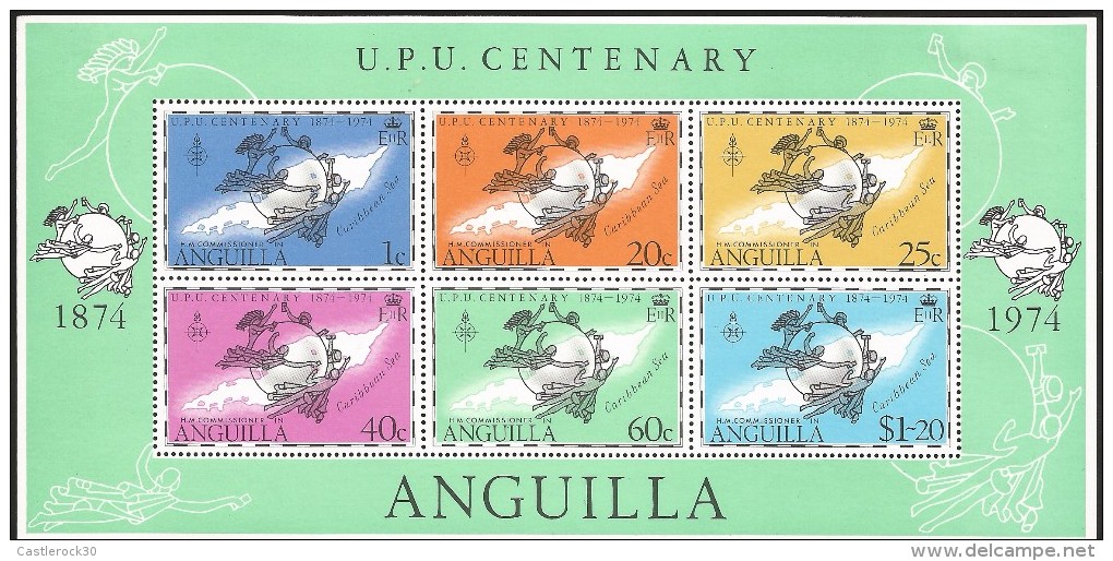 E)1974 ANGUILLA, UPU CENTENARY, CARIBBEAN SEA, MAP, PEOPLE,  BLOCK OF 6, MNH - Anguilla (1968-...)