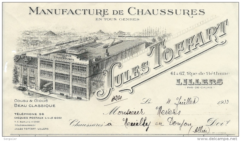 Facture Ancienne Jules TOFFART Manufacture De CHaussures Lillers Pas De Calais 62  4 Juillet 1933 - Textile & Clothing