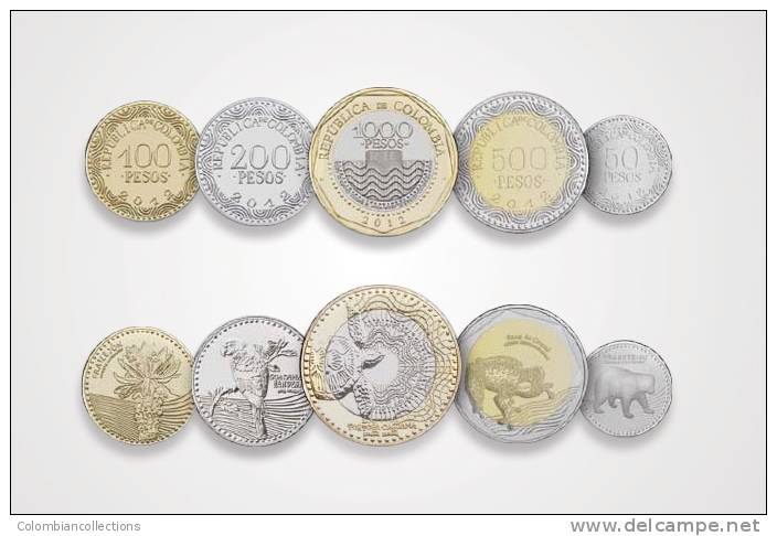 Lote 401, Colombia, 2012, Monedas, 5 Coins, Complet Set, Rana, Oso, Frog, Bear, Turtle, Bird, Bimetallic - Colombia