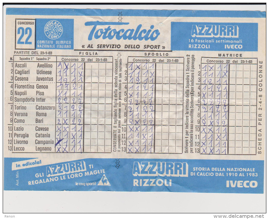 Vecchia Schedina Totocalcio 1983 - Non Classificati