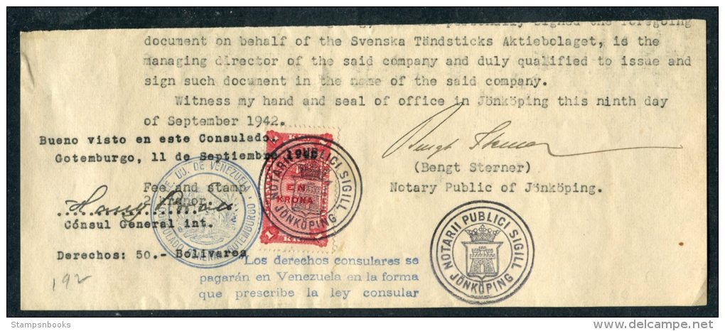 1942 Sweden Jonkoping Revenue (part) Document Venezuela Consulate Consular - Revenue Stamps