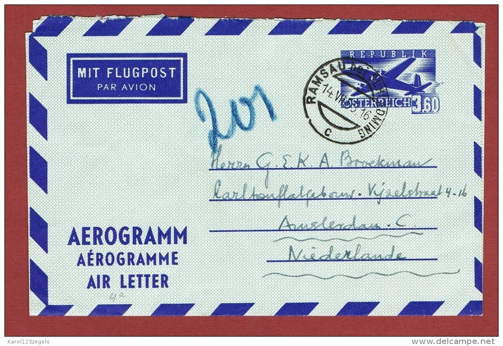 Ganzsache Aerogramm 3,60 Sch  Ramsau - Amsterdam - Lettres & Documents