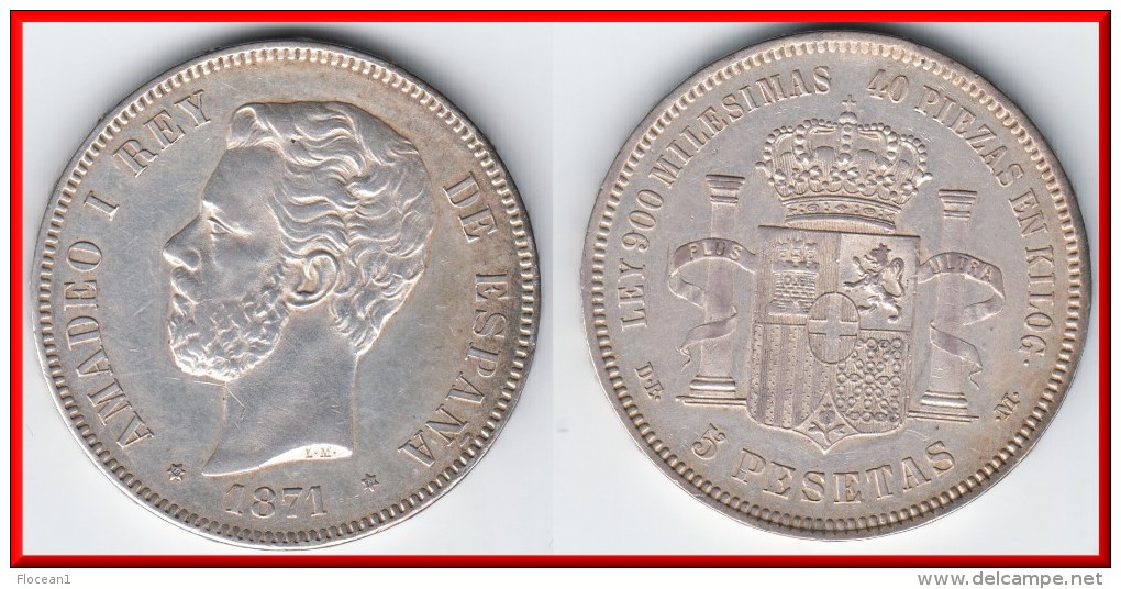 QUALITY **** SPAIN - ESPAGNE - 5 PESETAS 1871 (74) AMADEO I - SILVER -ARGENT **** EN ACHAT IMMEDIAT !!! - Premières Frappes