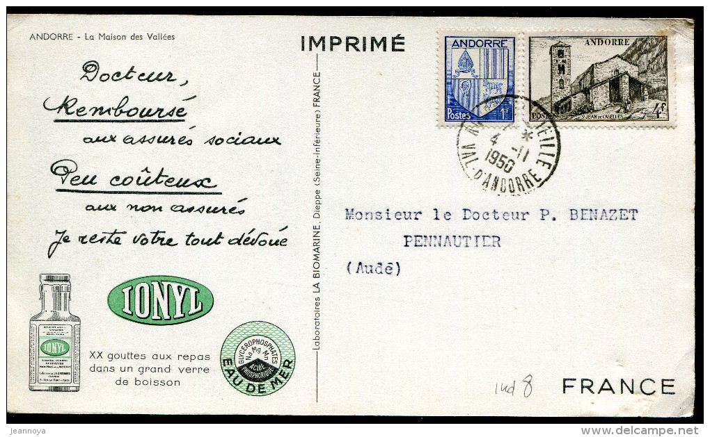 ANDORRE FRANCAIS - N° 119 + 122 / CP IONYL N° D1b , OBL. ANDORRE LA VIEILLE LE 4/11/01950 - TB - Lettres & Documents