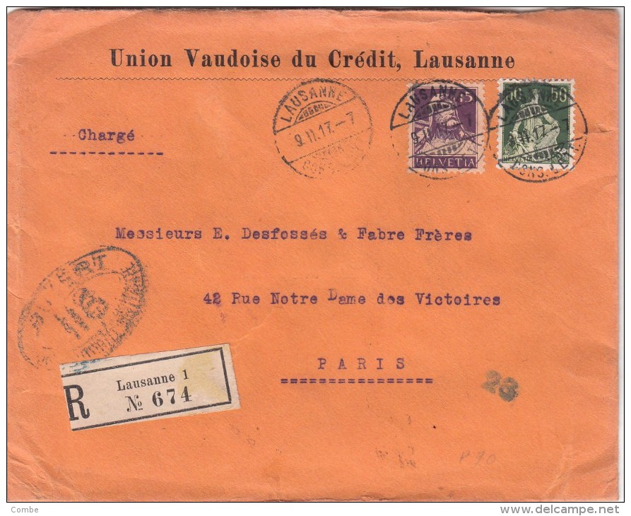 SUISSE 1917.  LETTRE.  RECOMMANDÉ LAUSANNE POUR PARIS. UNION VAUDOISE DU CRÉDIT LAUSANNE. CONTROLE MILITAIRE  /  591 - Briefe U. Dokumente