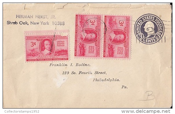 37558- VOLUNTEER FIREMENS STAMPS ON GEORGE WASHINGTON EMBOSSED COVER STATIONERY, OVERPRINT 2 CENTS, 1950, USA - 1941-60
