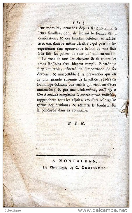 TRES RARE Mémoire Sur L´Affaire De Montauban, Par J.A. DELBREIL DE SCORBIAC, Imp. CROSILHES, ND (1795) TARN-ET-GARONNE - 1701-1800