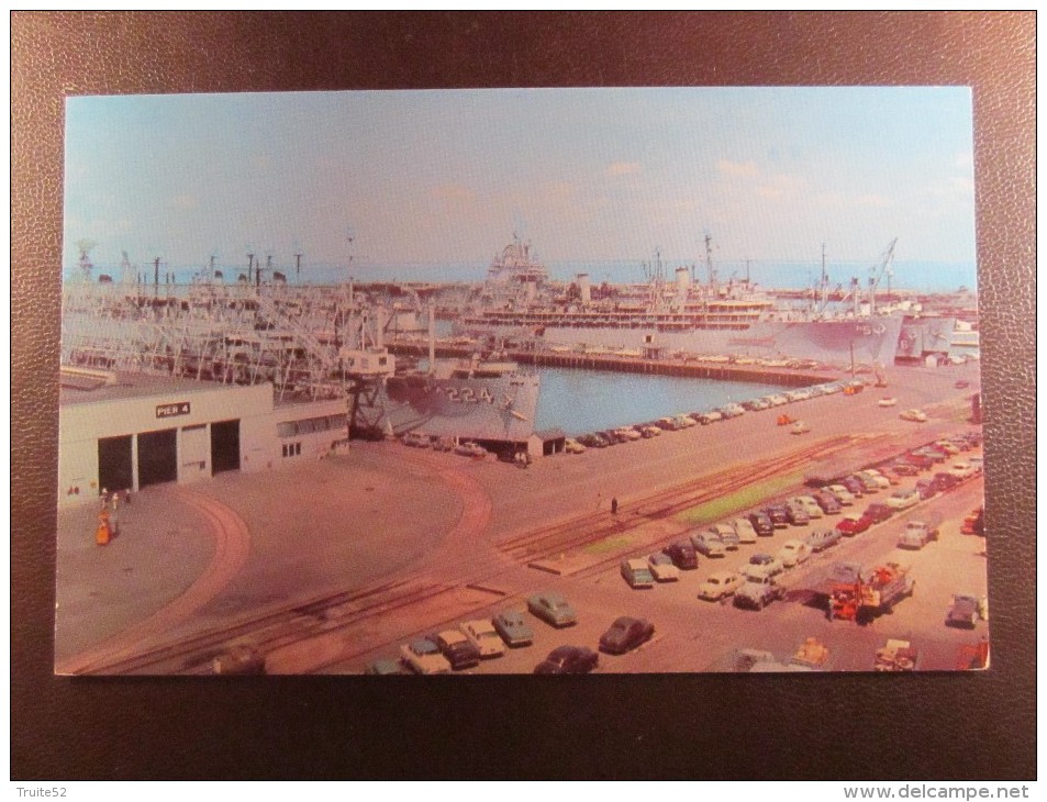 WATER FRONT AT U.S NAVAL BASE NORFOLK VIRGINIA SHOWING NAVAL VESSELS MOORED TO AND NEAR PIER 4 - Norfolk