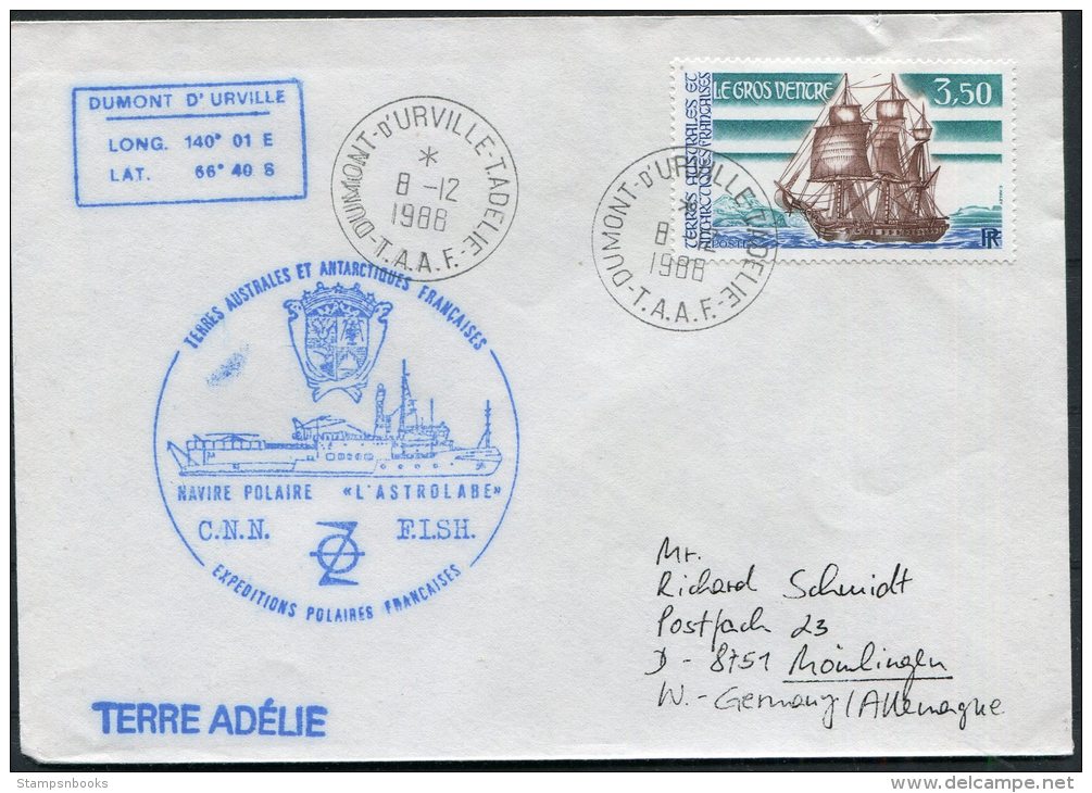 1988 TAAF Dumont Durville Antarctica Terre Adelie Ship Cover - Covers & Documents