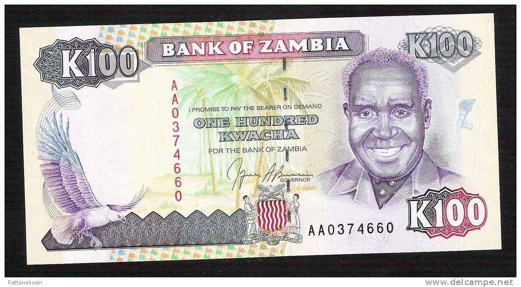 ZAMBIA ZAMBIE P34  100 KWACHA  1991  #AA0-----   FIRST PREFIX  Signature 9  UNC - Sambia