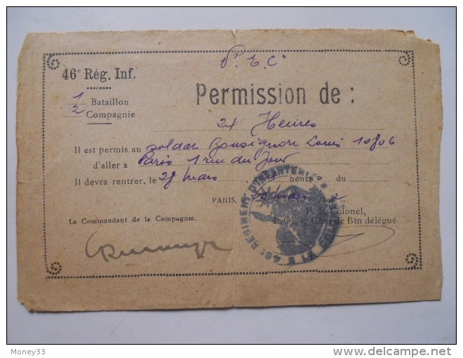 Permission Militaire Du 46em Régiment D'infanterie En 1932 à Bonsignore Louis - Non Classés