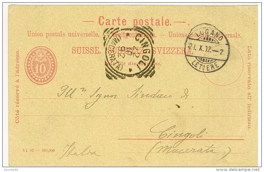 STORIA POSTALE - SVIZZERA - SUISSE - ANNO 1892 - CARTE POSTALE -LUGANO (LETTERE) - CINGOLI (MACERATA) - PER IL SINDACO - - Poststempel