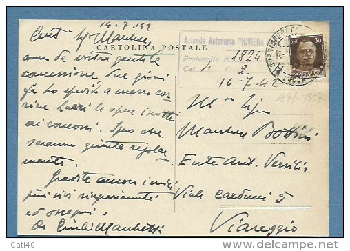 AUTOGRAFO PITTORE GIULIO MARCHETTI ( LUCCA 1891 - 1957 )  - CARTOLINA POSTALE CON UNA  AL PREMIO VERSILIA VIAREGGIO 1942 - Autres & Non Classés