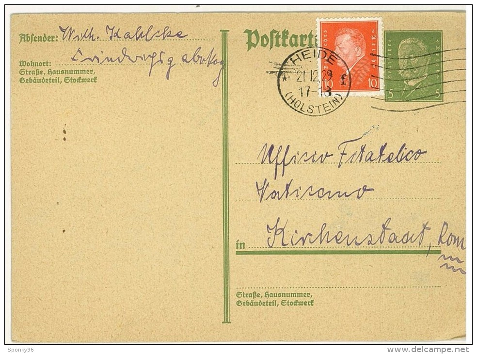 STORIA POSTALE - ROMANIA - ANNO 1926 - HEIDE - HOLSTEIN - PER UFFICIO FILATELICO VATICANO - KINHENSTAST - - Postmark Collection