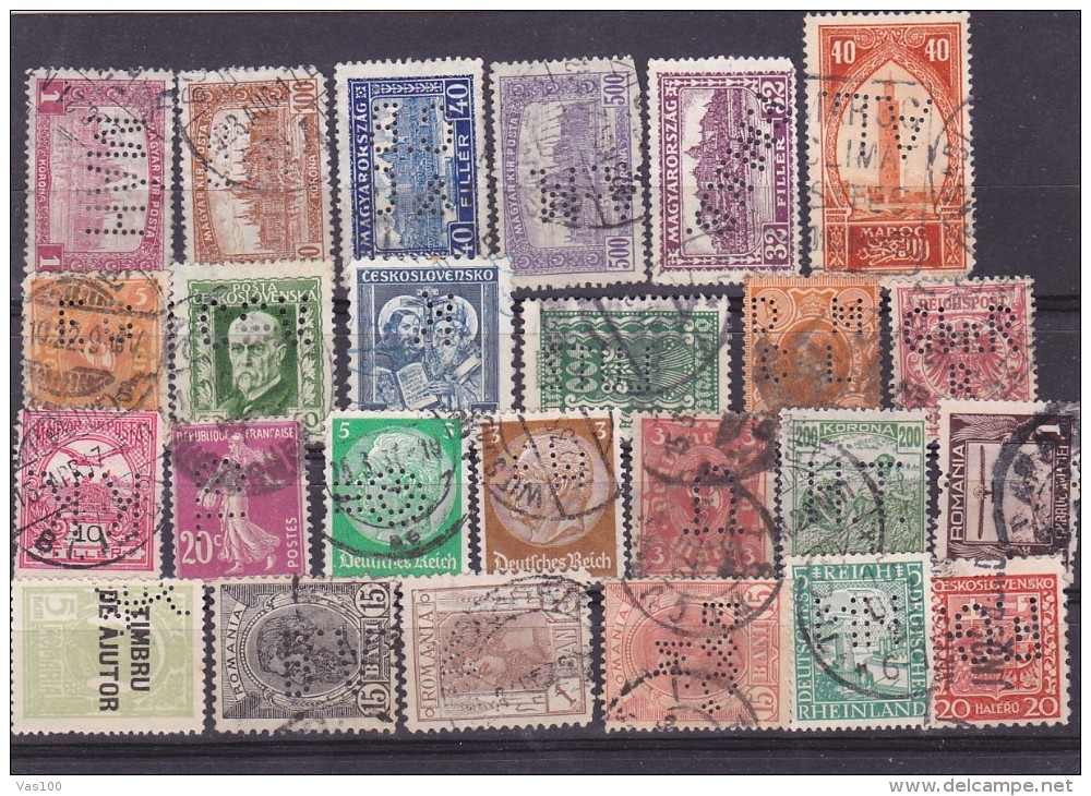 LOT 25 STAMPS Perforés,Perfin,Perfins; AUSTRIA,FRANCE,ROMANIA,MAROC,HUNGARY,CESKLOVENKO,GERMANY,ANGLIA. - Perfins