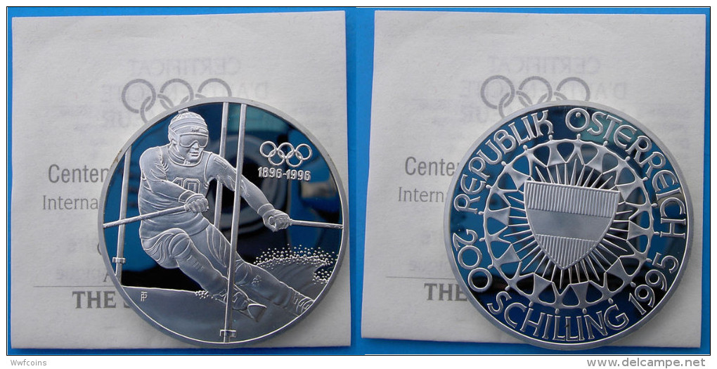 AUSTRIA 200 S 1995 ARGENTO PROOF SILVER THE SLALOM SKIER CENTENNIAL OLYMPIC COINS PESO 33,63g TITOLO 0,925 CONSERVAZIONE - Austria