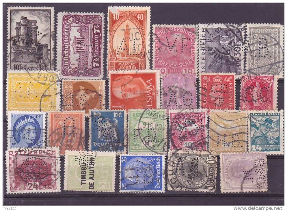 LOT 24 STAMPS Perforés,Perfin,Perfins; AUSTRIA,ROMANIA,HUNGARY,MAROC,FRANCE,HELVETIA,ANGLIA,INDIA,SPANIA,GERMANY. - Perfins