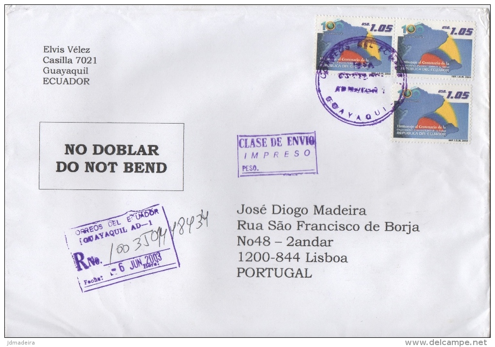 Ecuador Registered Cover To Portugal - Ecuador