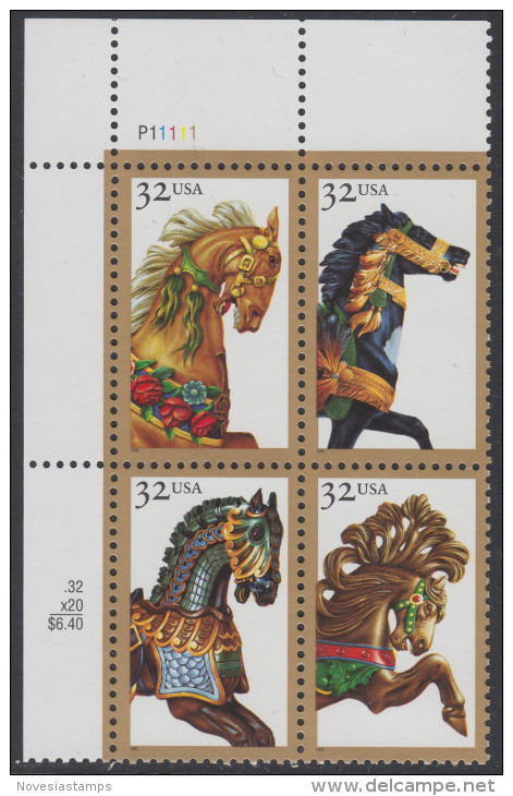 !a! USA Sc# 2976-2979 MNH PLATEBLOCK (UL/P11111/c) - Carousel Horses - Unused Stamps