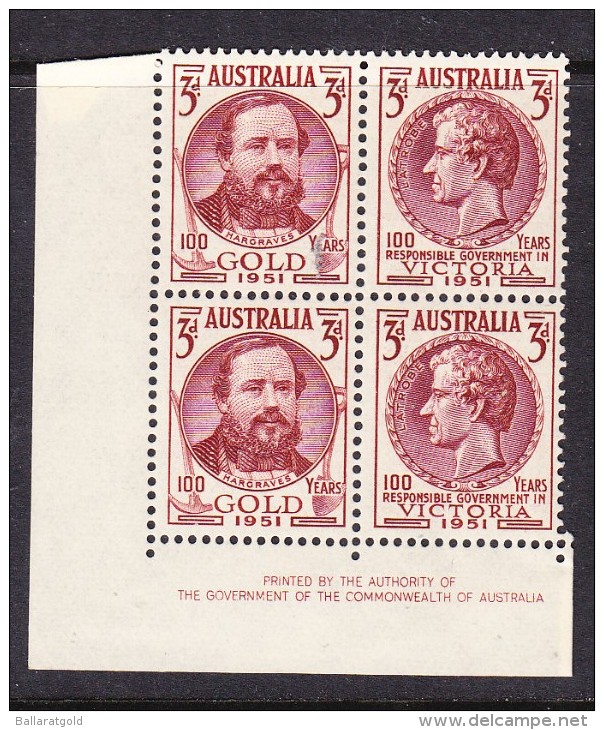 Australia 1951 - 3d. Gold Discovery - Corner IMPRINT Block 4 - MH - Mint Stamps